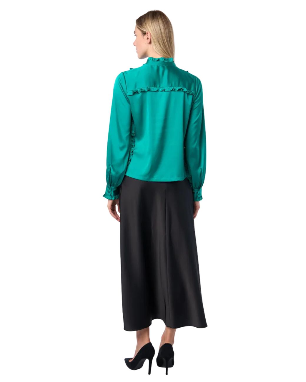 Carloslines Green Ruffle Stand Collar Long Sleeve Shirt