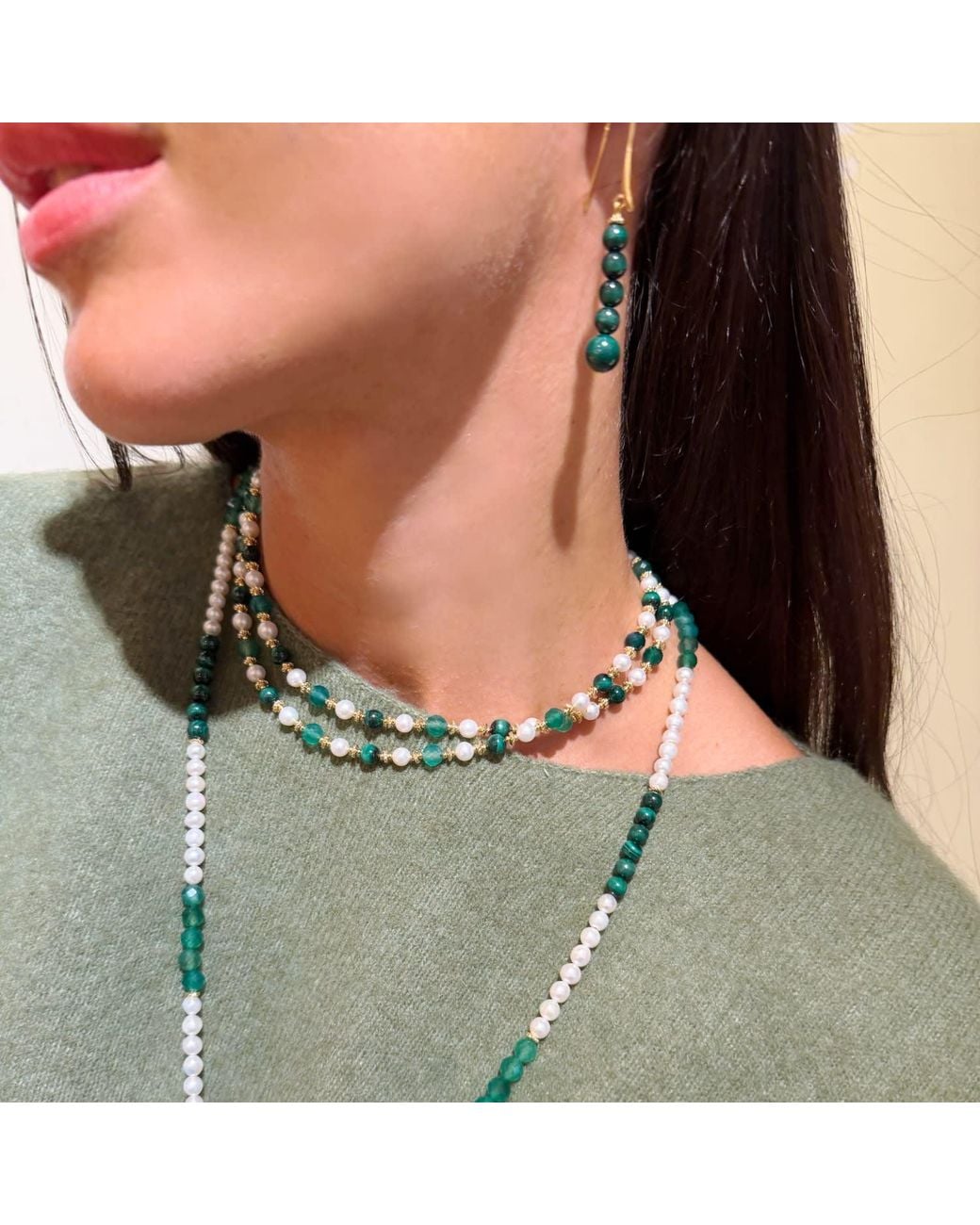 Farra Green Malachite Beaded Threader Earrings