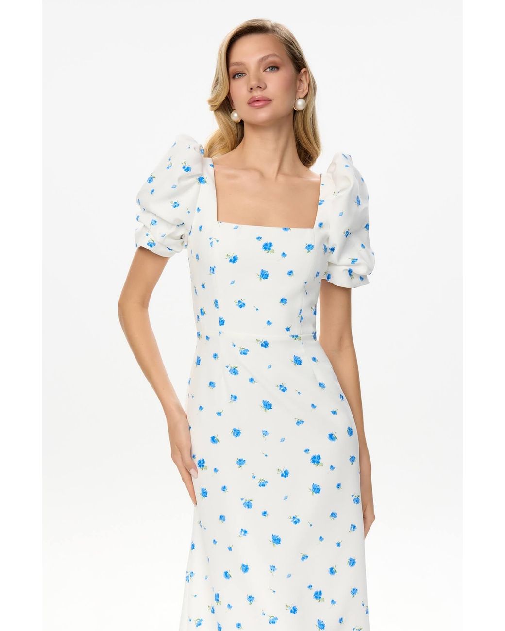 POST MERIDIEM White Godet Silhouette Square Neck Midi Dress