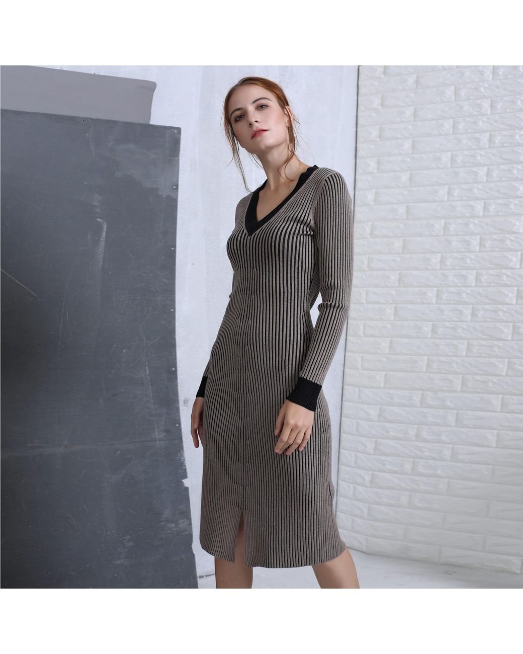 Smart and Joy Brown Bi Color V Neck Jumper Dress