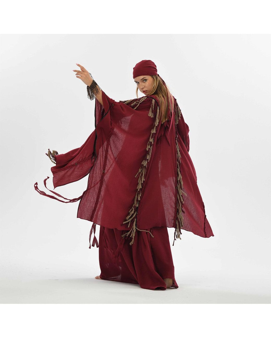 Zhenabia Red Sidra Poncho