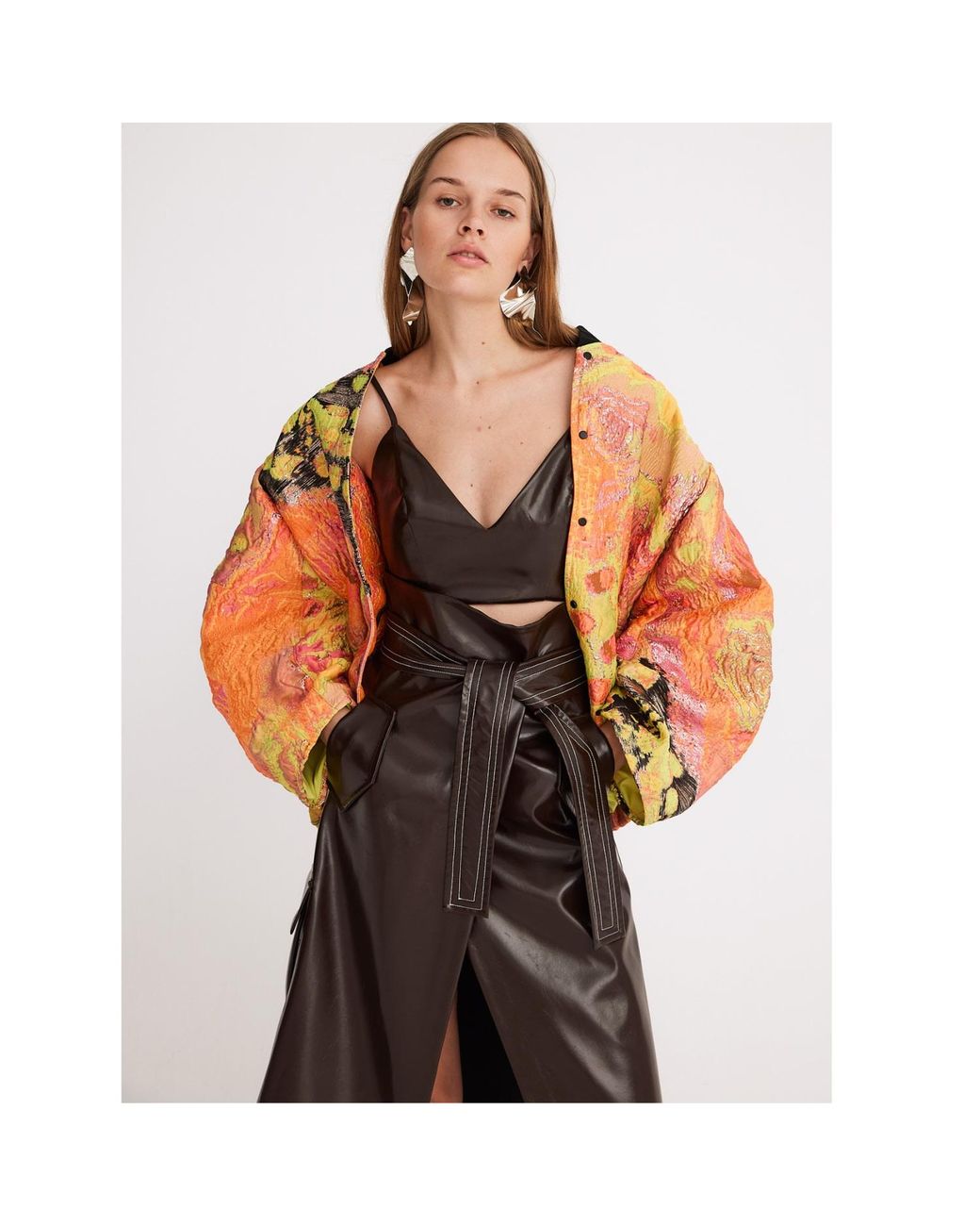 Mirimalist Brown Sepia Leather Wrap Midi Skirt