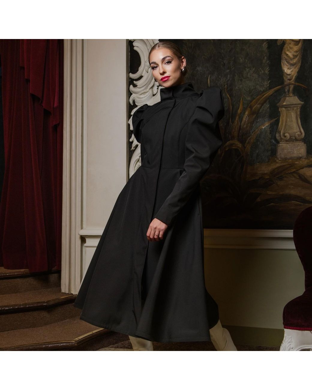RainSisters Black Coat With Balloon-Styled Sleeves: Majestic Night