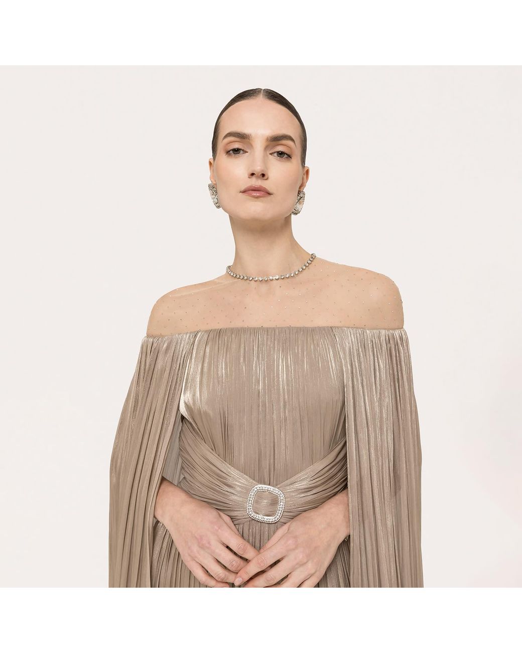 Nissa Natural Cape-Design Chiffon Maxi Dress