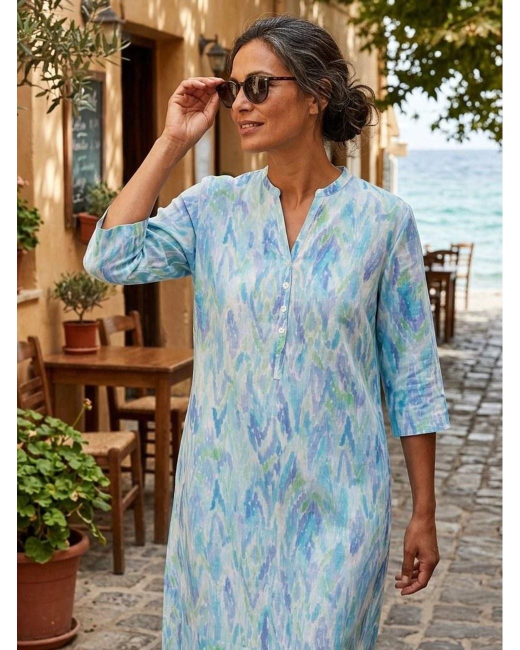 NoLoGo-chic Blue Seaside Ikat Linen Tunic Dress