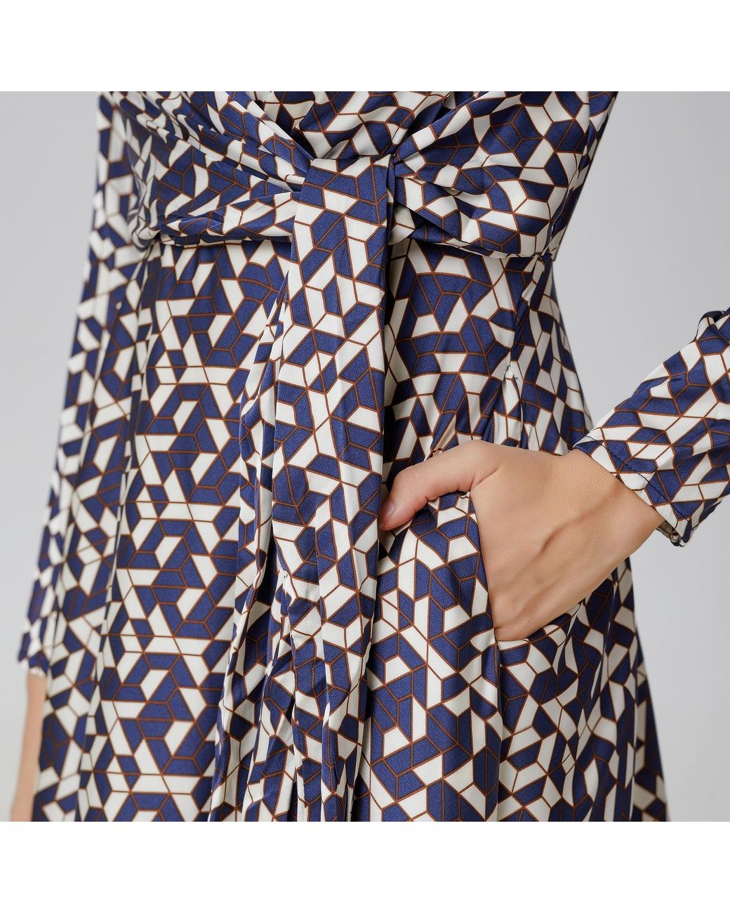 Smart and Joy Black Flared Printed Satin Dress With Side Knotted Panel