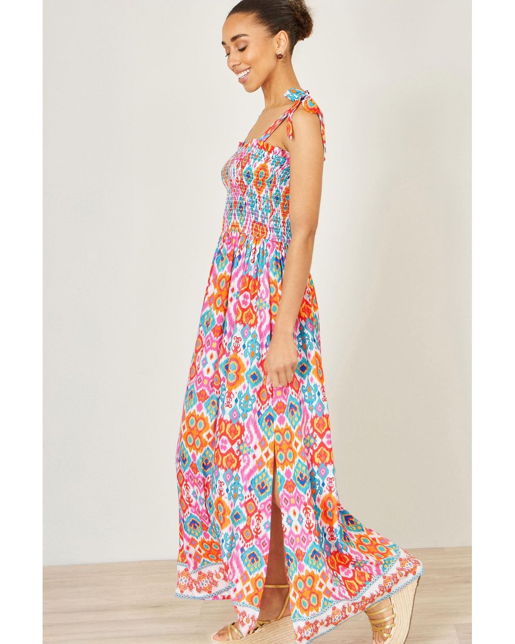 Yumi' Red Multicolour Ikat Print Maxi Viscose Sun Dress