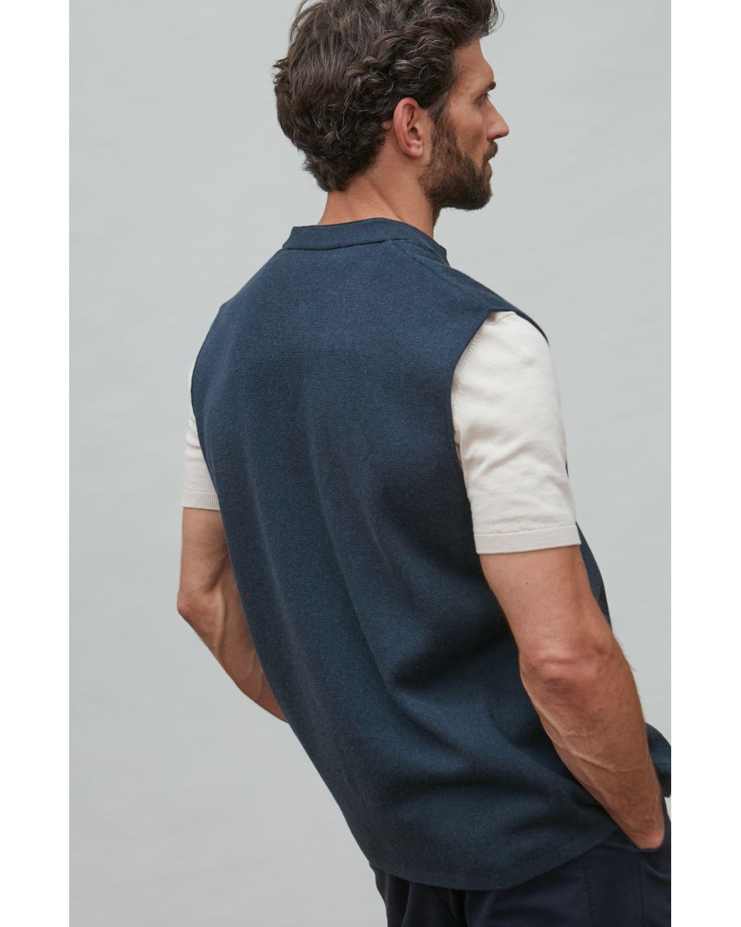 Paul James Knitwear Blue Midweight Cotton Cochin Knitted Nehru Waistcoat for men