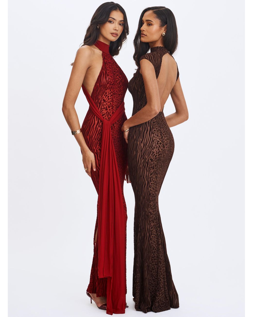 Miss Circle New York Red Cerise Scarlet Burnout Velvet Multiwear Mesh Ribbon Maxi Dress