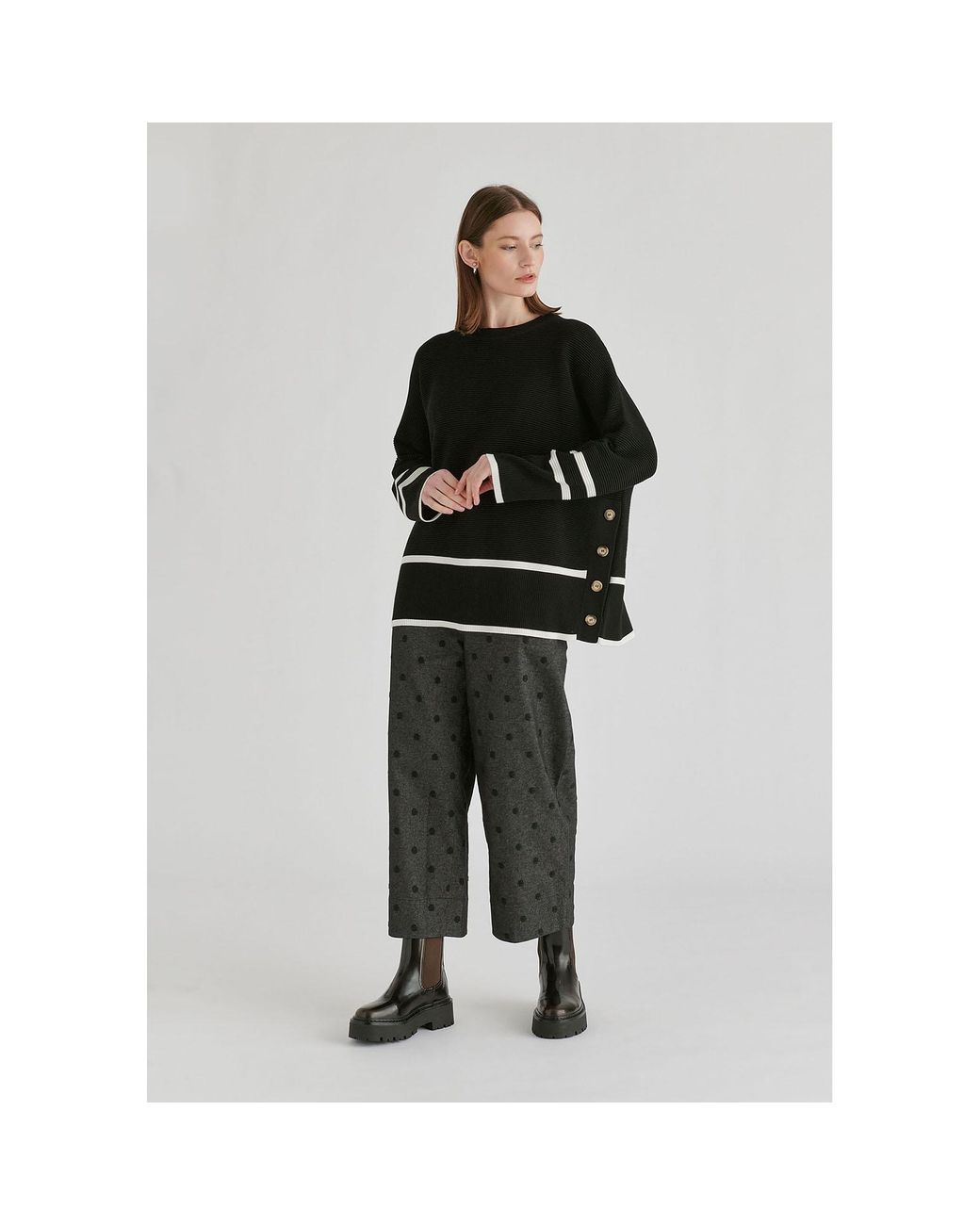 Paisie Black Striped Details Ribbed Jumper With Side Buttons