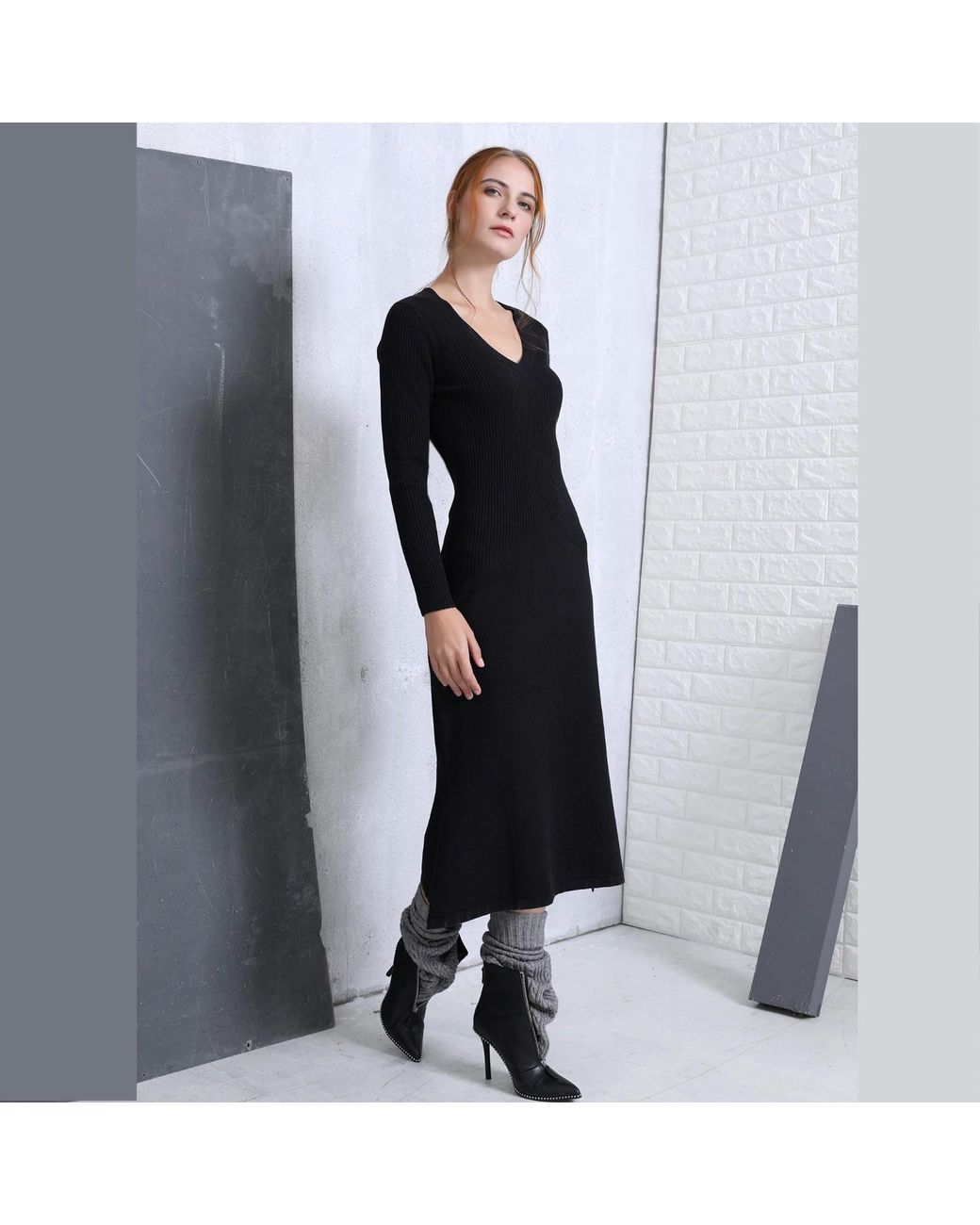 Smart and Joy Black Slim V-Neck Sweater Midi Dress