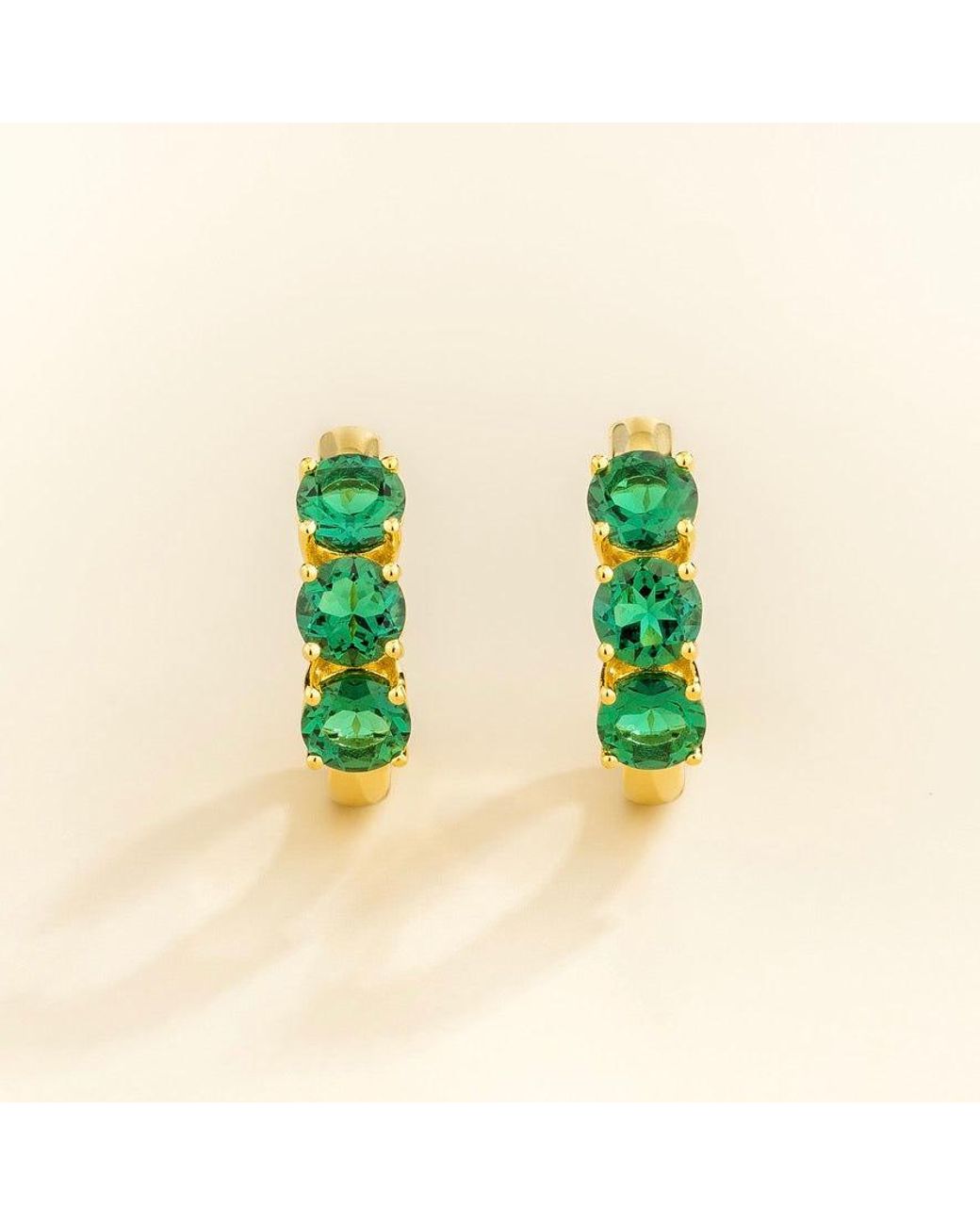 Juvetti Green Tres Emerald Three-Stone Huggie Hoop Earrings