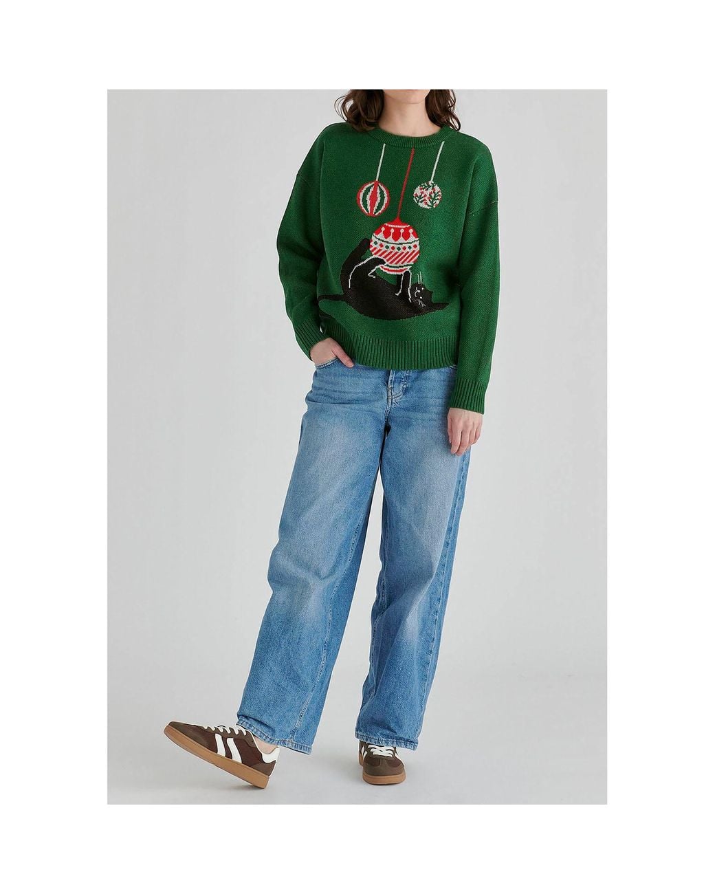 Paisie Green Christmas Jumper With Cat And Baubles