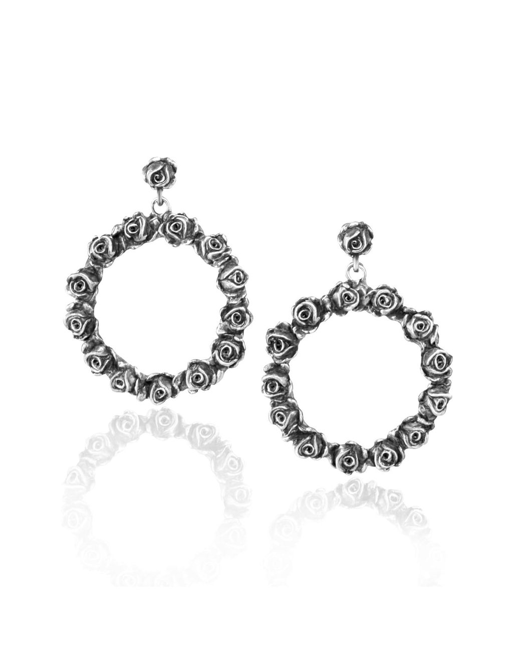 Unaloe Metallic Sterling Rose Hoop Earrings – Floral Statement Drop Earrings – Handmade Italian Jewelry For