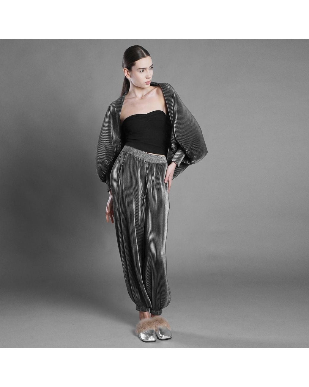 Silvia Serban Gray Pleated Voile Harem Trousers
