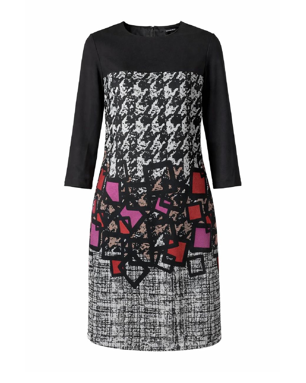 Conquista Black Abstract Panel Midi Dress With Three-Quarter Sleeves