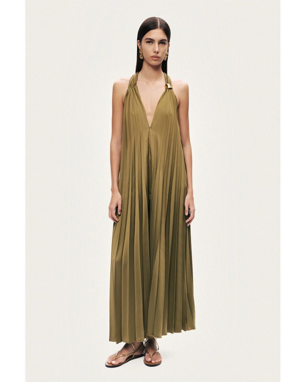 Nocturne Green Neutrals Pleated Halter Maxi Dress