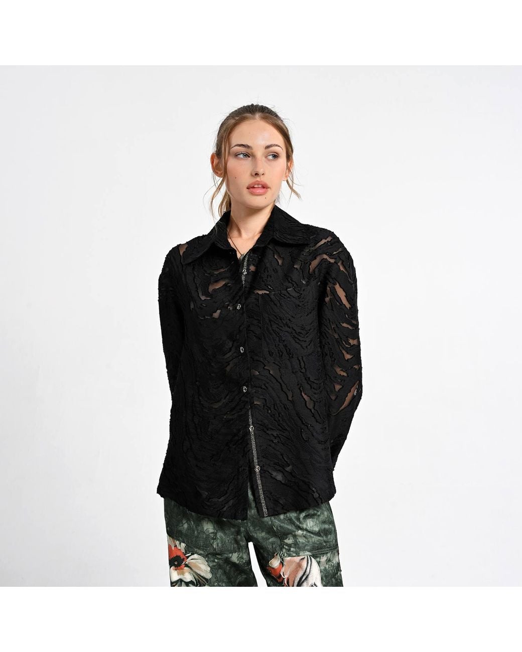 Lalipop Design Black Burnout Pattern Sheer Shirt