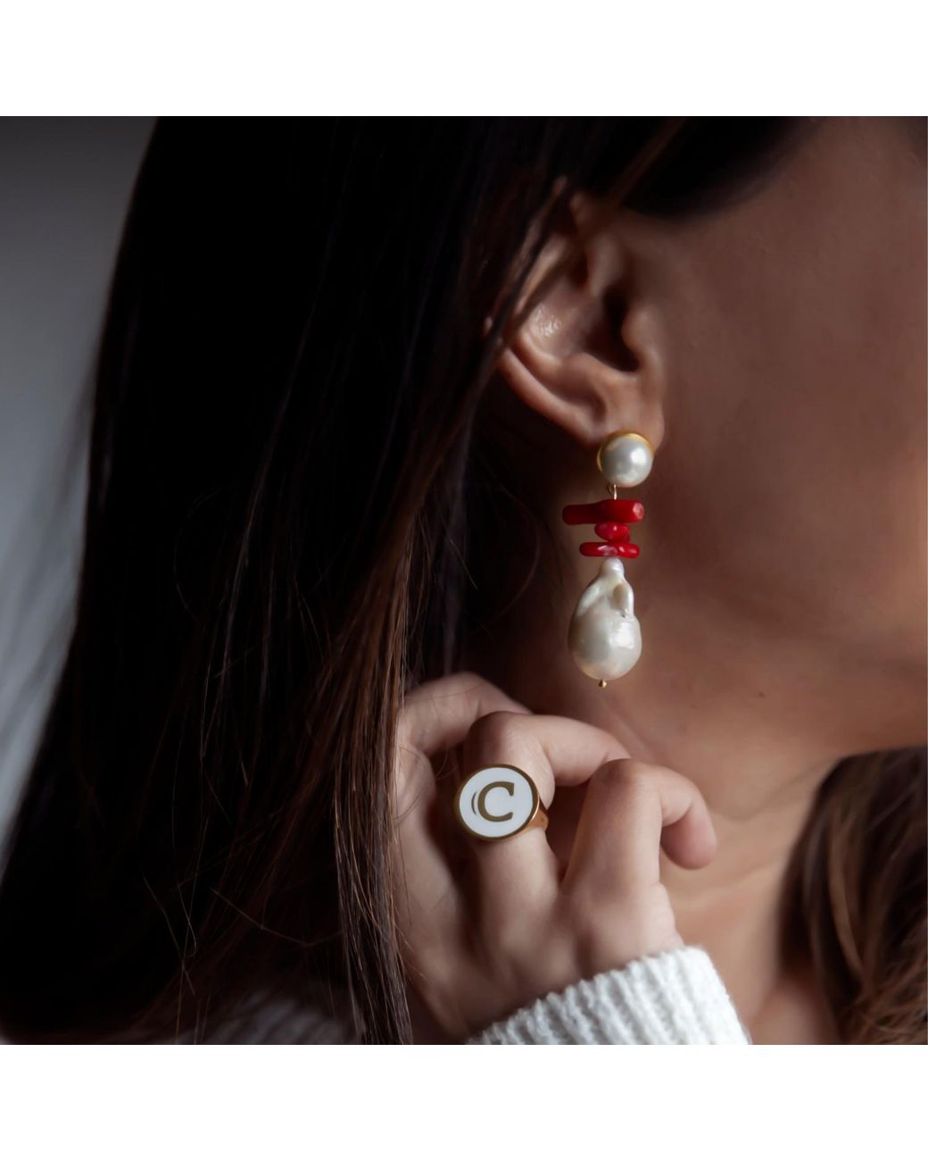 LINYA JEWELLERY Red Coral Baroque Pearl Earrings
