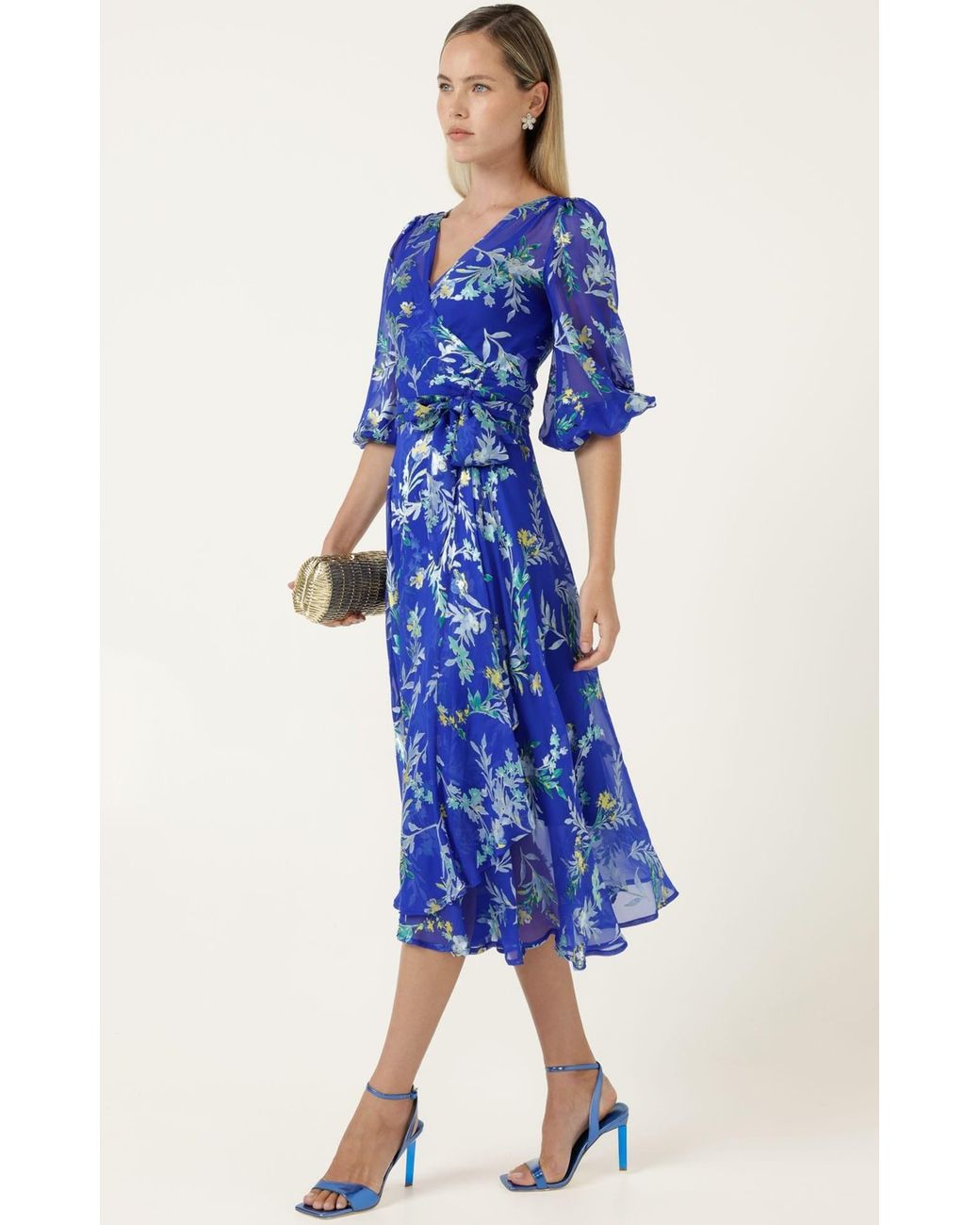 SACHA DRAKE Blue Elspeth Silk Rayon Wrap Midi Dress