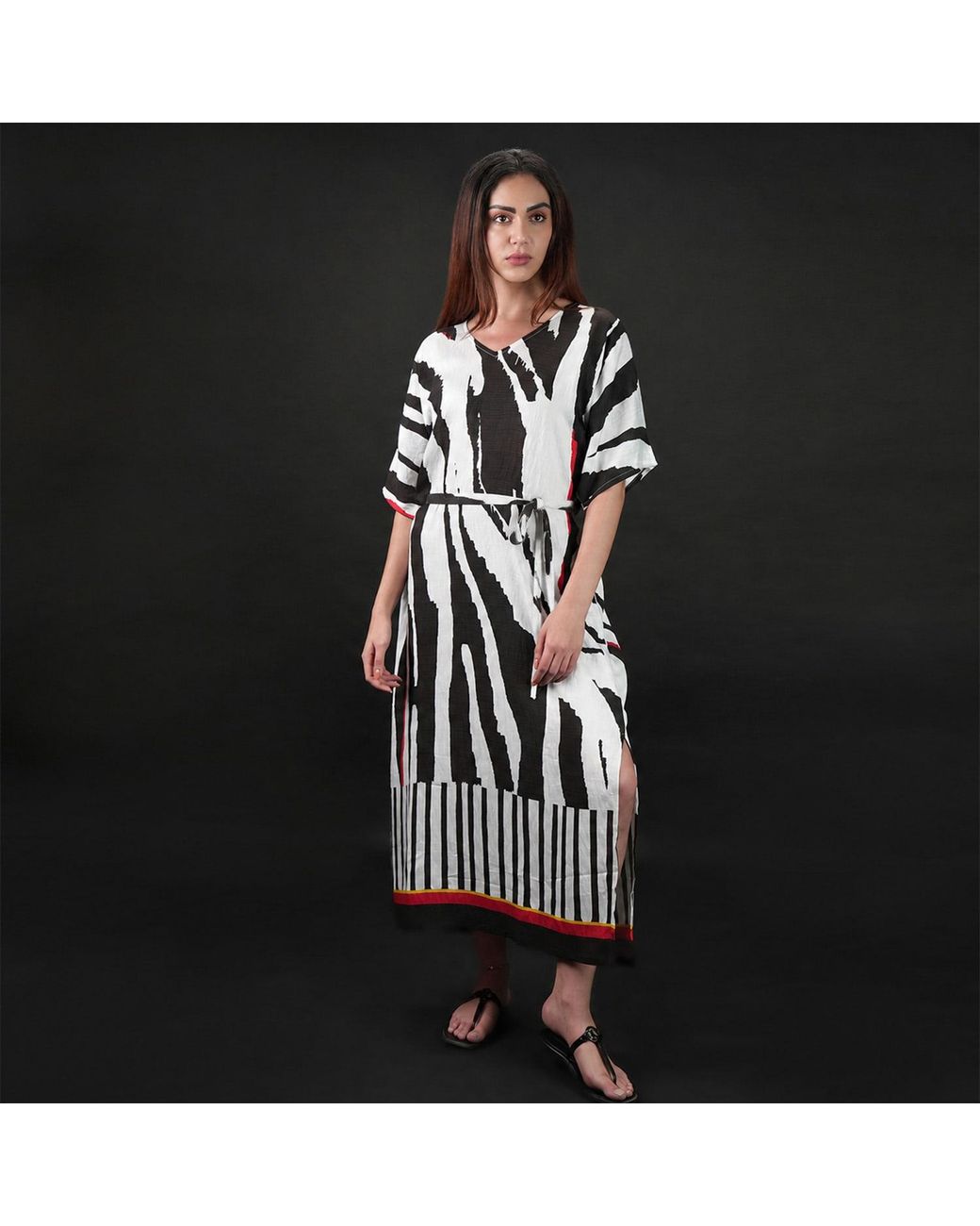 DHARA SHETH DUBAI Black Into The Wild Zebra Animal Print Long Cotton Kaftan Dress With Side Slit