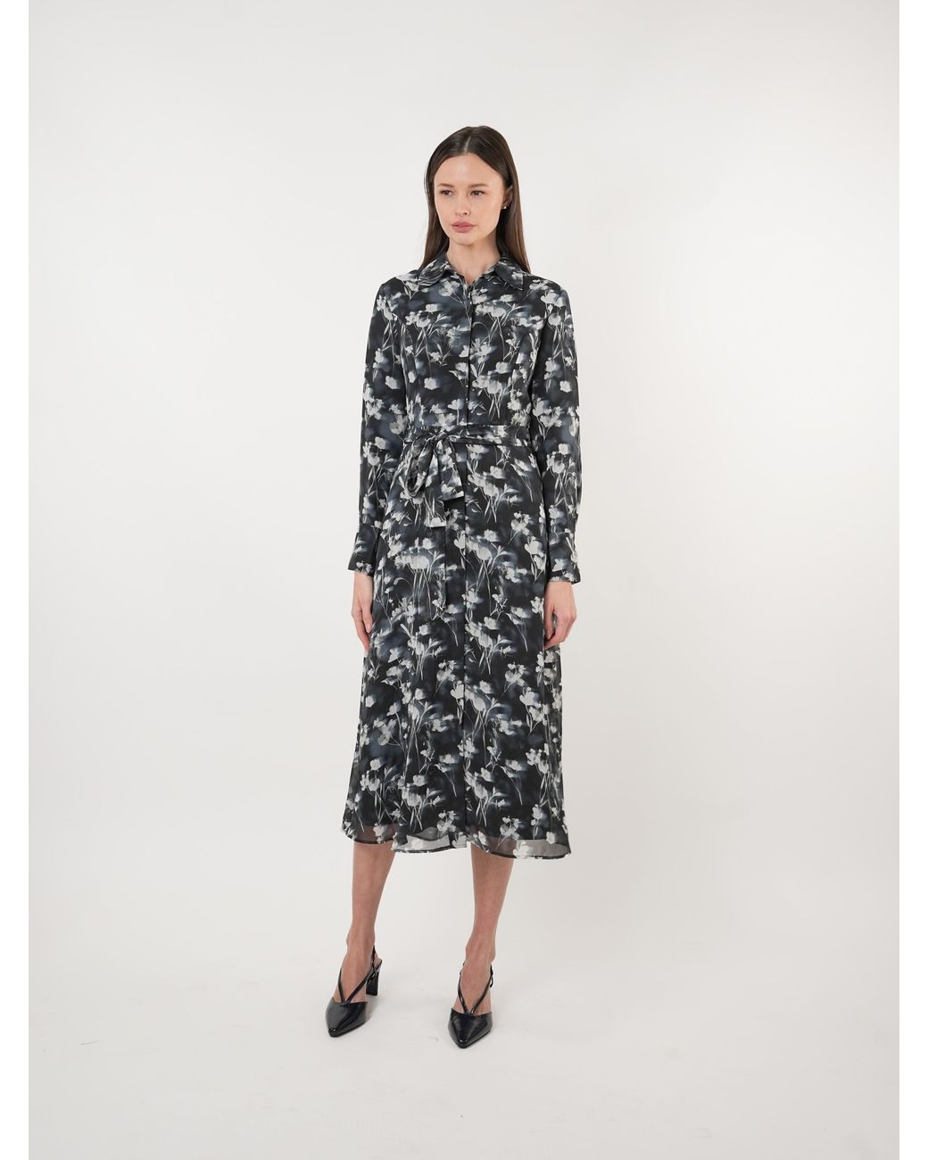 John Abgin Black Chiffon Scatter Printed Shirt Dress