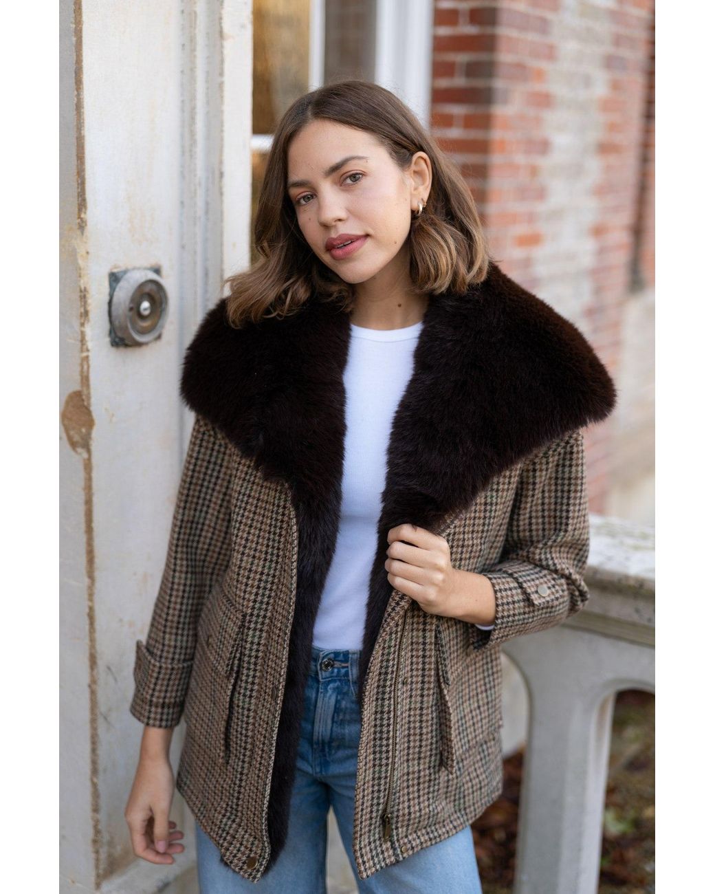 Hortons England Brown Ashford Tweed Faux Fur Jacket