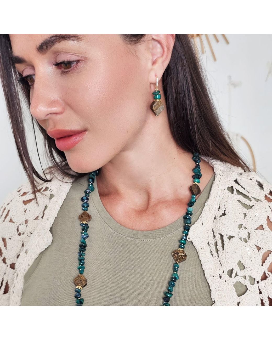 Farra Green Tiger-Eye With Bamboo Coral Earrings