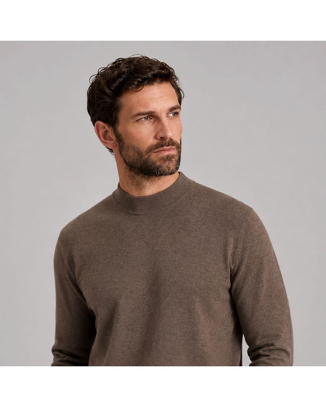 Paul James Knitwear Brown Ultra Fine Cotton Spencer Mock Turtle Neck Jumper for men