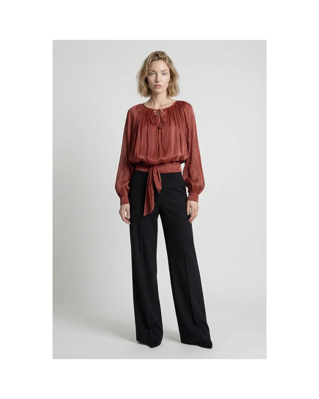 Modenaire Brown Gathered Tie-Neck Blouse With Blouson Silhouette And Waist Tie