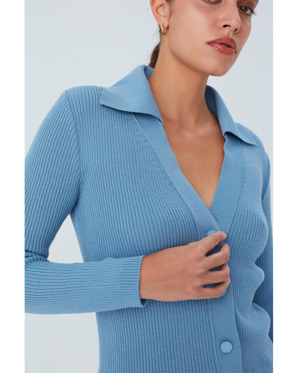 Peraluna Blue Polo V-Neck Ribbed Knit Cardigan