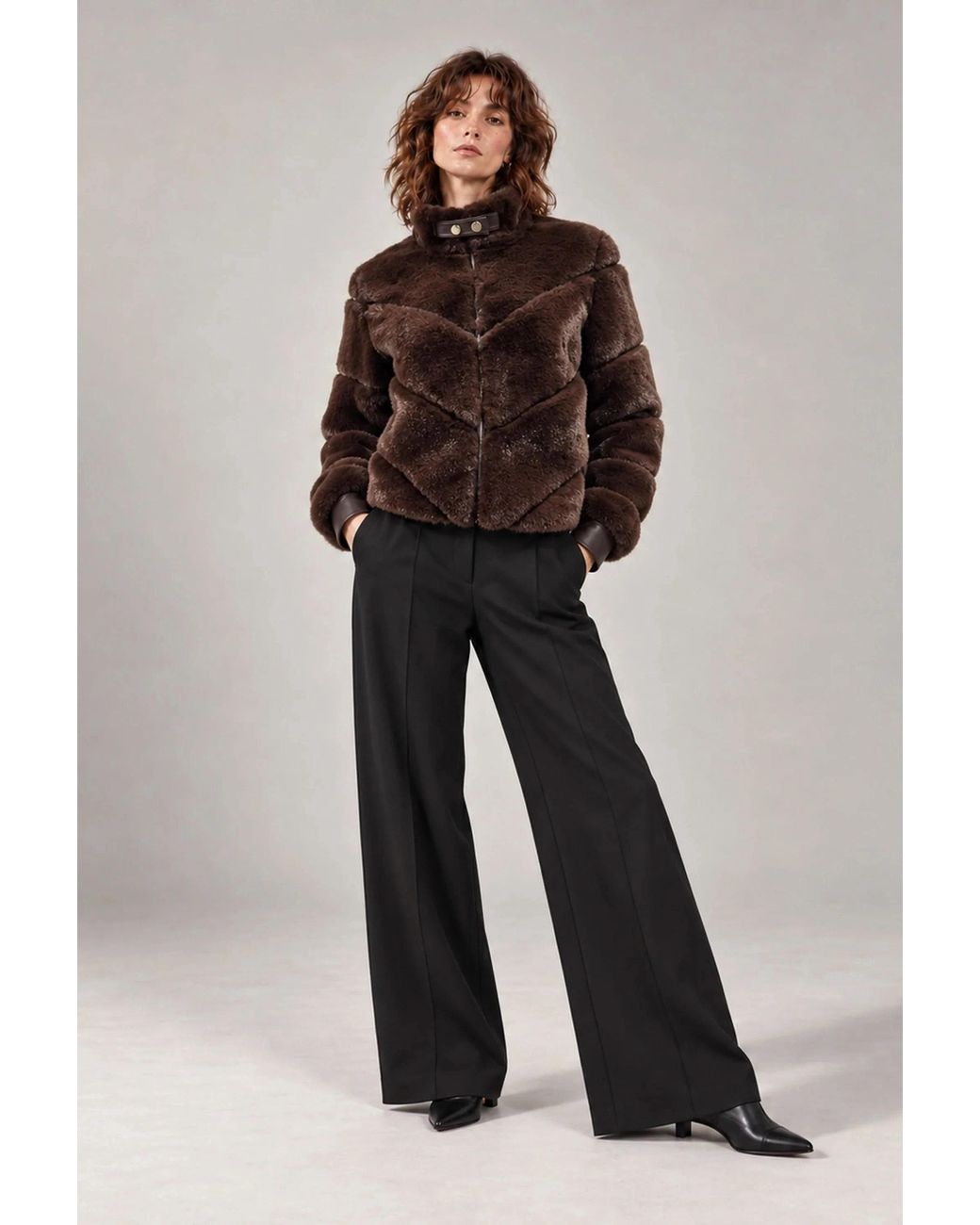 James Lakeland Brown Chocolate Chevron Faux-Fur Jacket