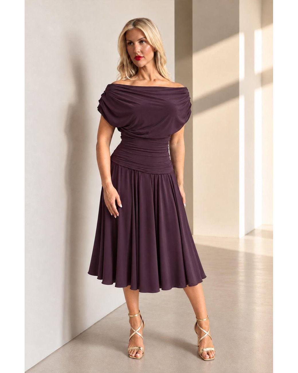 Atom Label Purple Carbon Bardot Tea Regular Length Dress