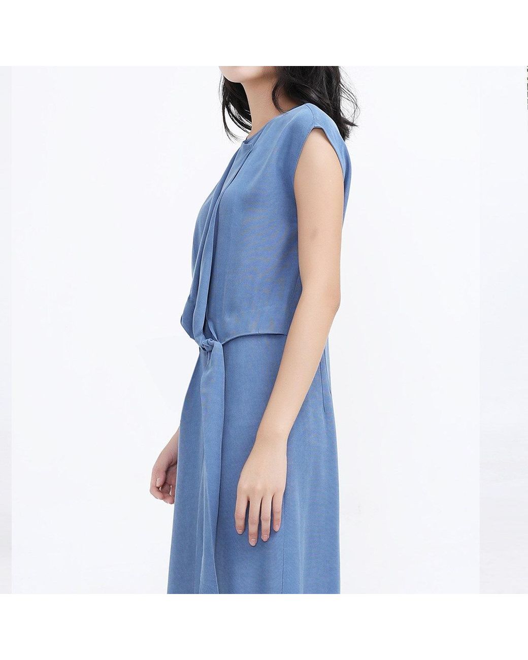 Smart and Joy Blue Cupro Draped Side Tie Midi Dress