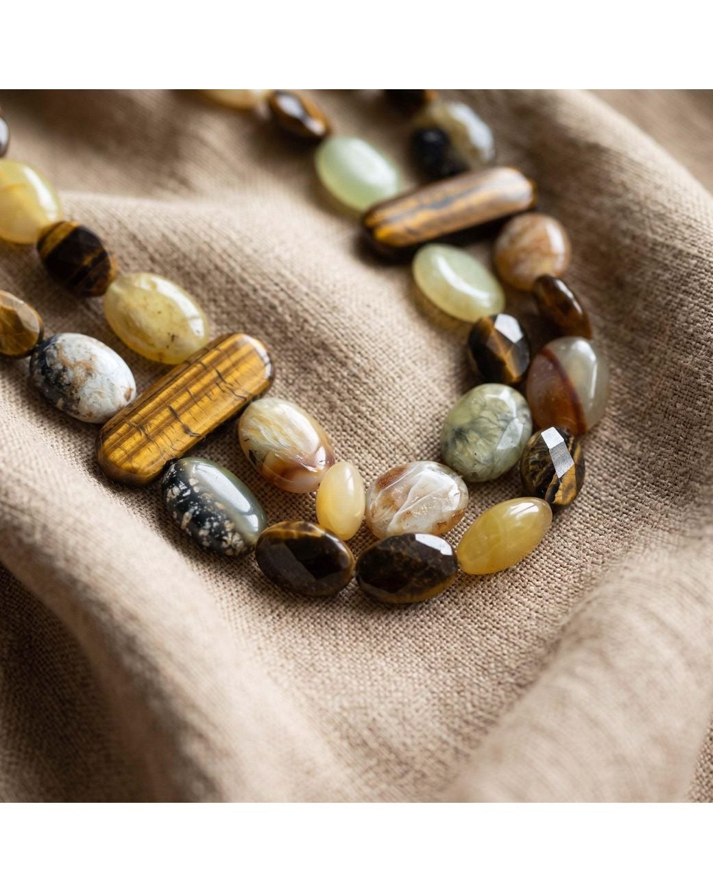 Saéa Metallic Vintage Tiger's Eye Prehnite And Jade Two-Strand Necklace