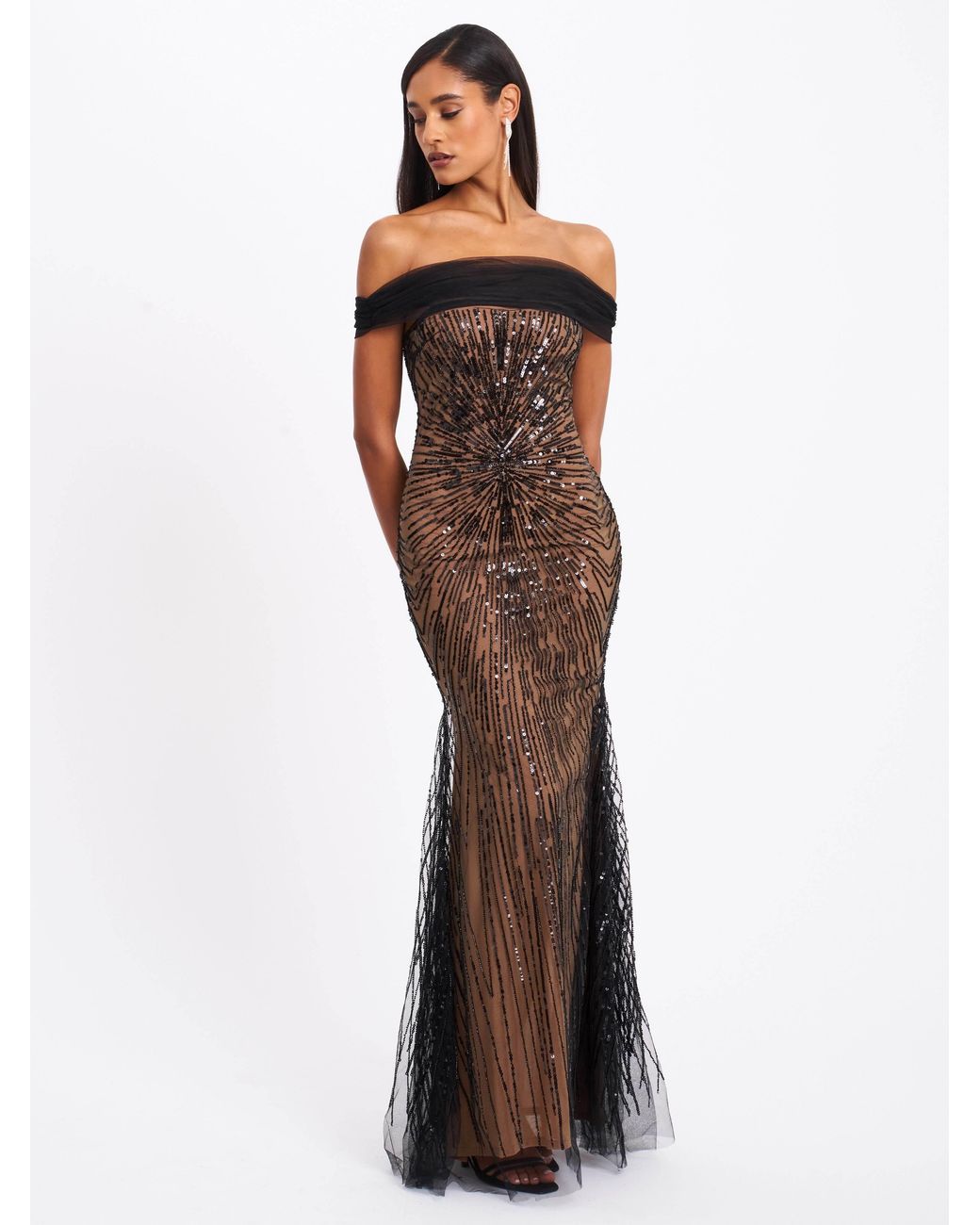 Miss Circle New York Black Qeturah Embroidered Sequin Off Shoulder Mesh Gown