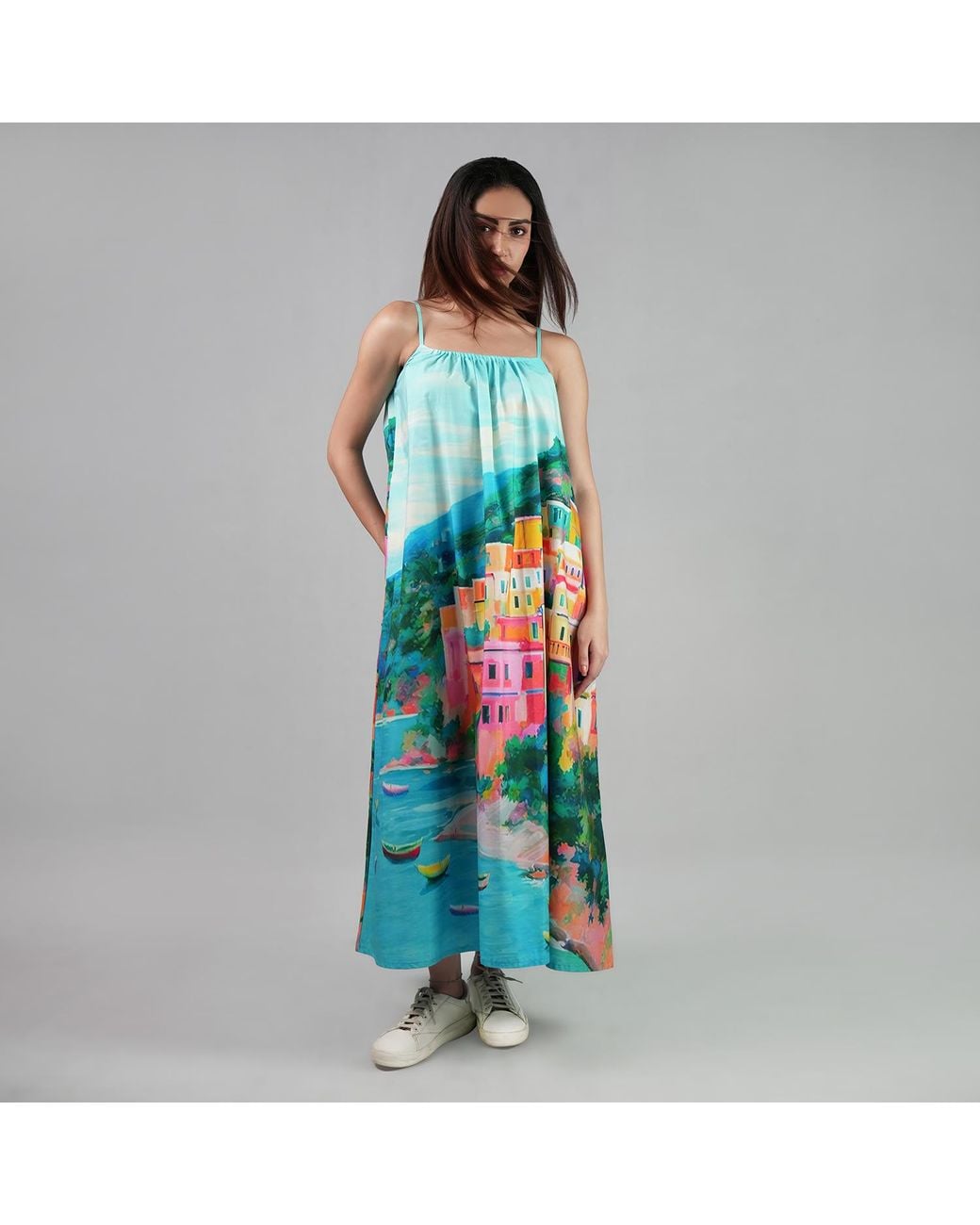 DHARA SHETH DUBAI Blue La Dolce Riviera Mediterranean Print Cotton Maxi Dress With Pockets