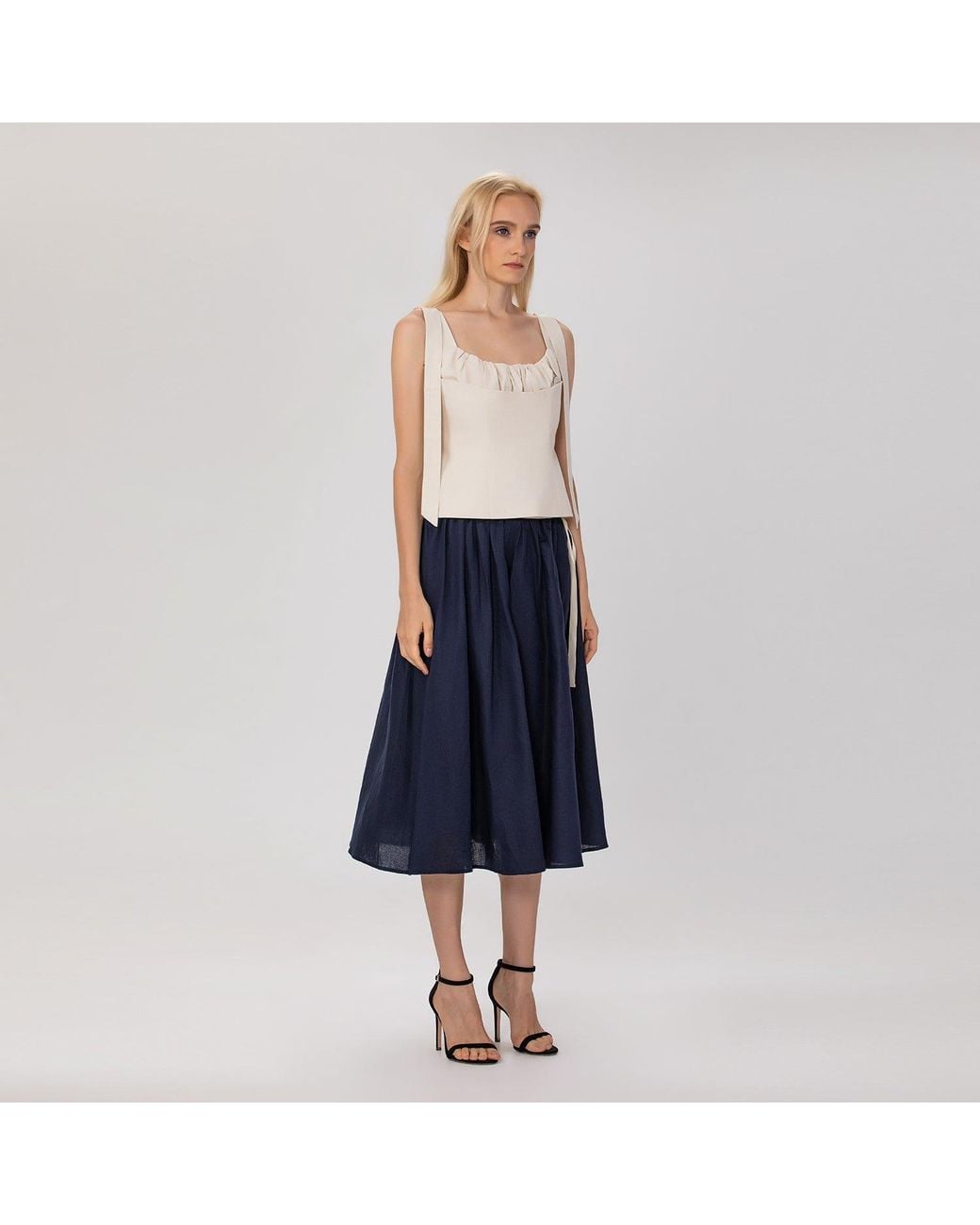 Smart and Joy Blue Flared Linen Midi Skirt
