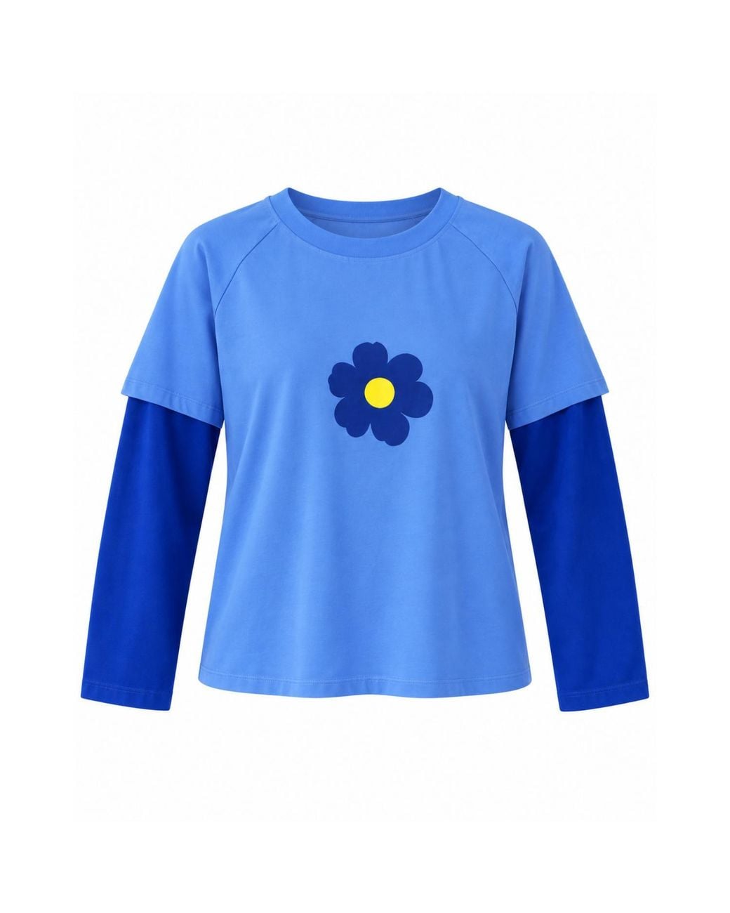 Mind Traveler Blue Double Sleeve Cropped Aria T-Shirt With Flower Detail