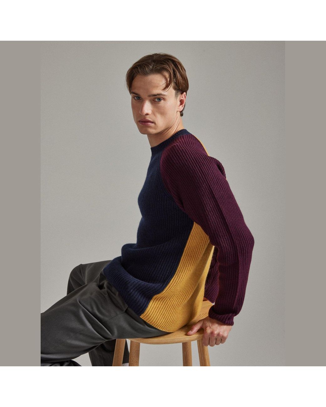 Salts Cashmere Blue Colour Block Fishermens Rib Crew Neck Sweater