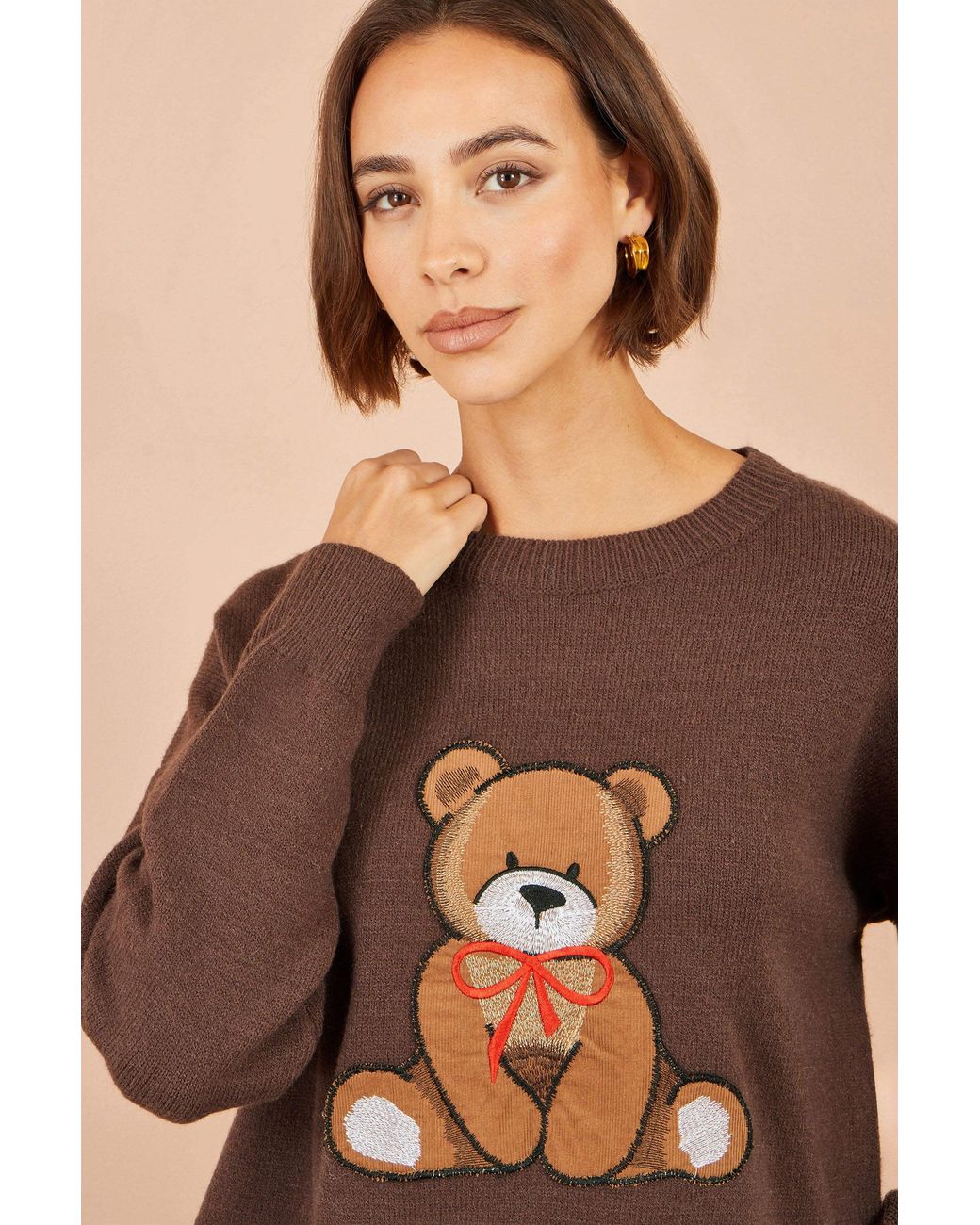 Yumi' Brown Teddy Bear Relaxed Jumper