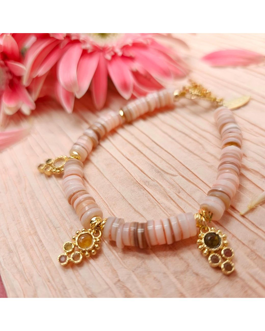 Farra Pink Bohemian Shell With Gemstone Charms Bracelet