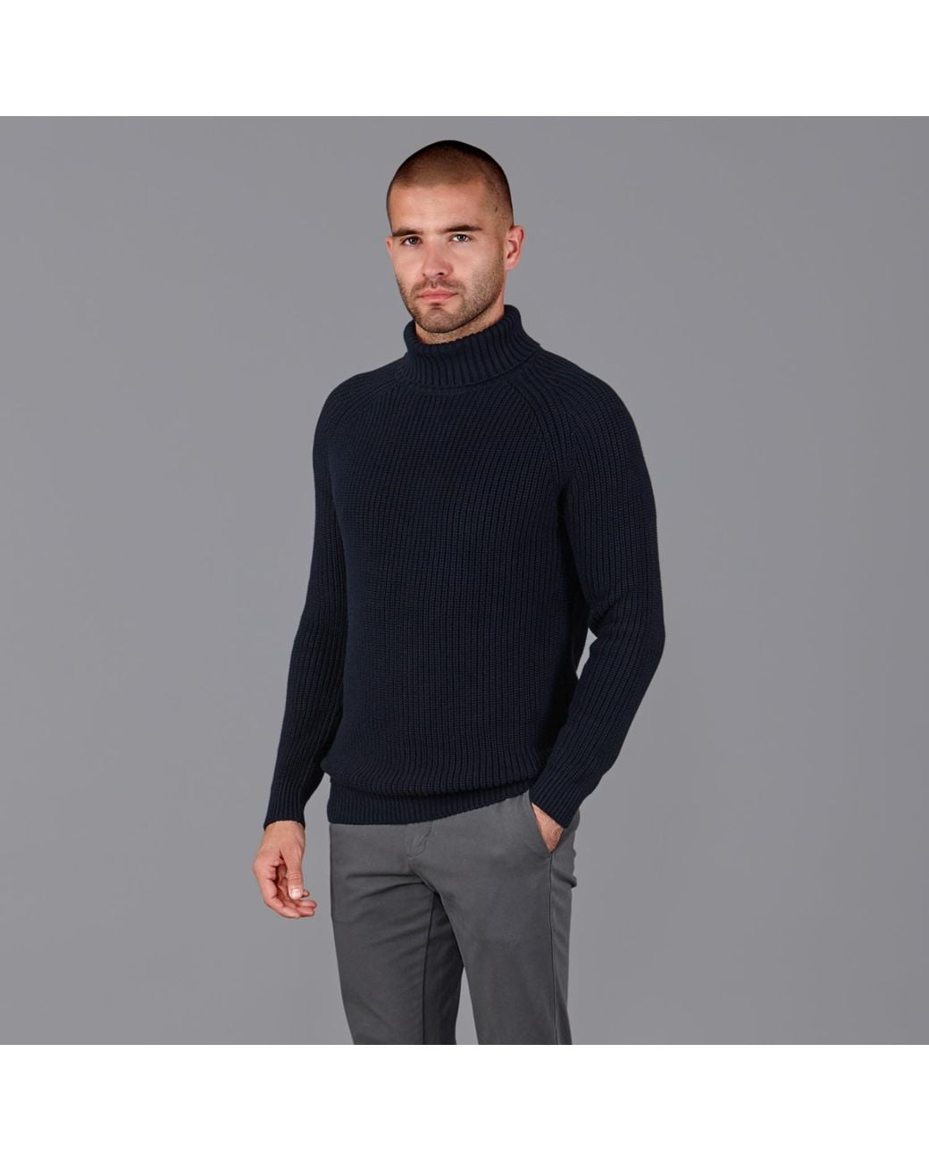 Paul James Knitwear Blue Cotton Jacob Fisherman Rib Knit Roll Neck Jumper for men