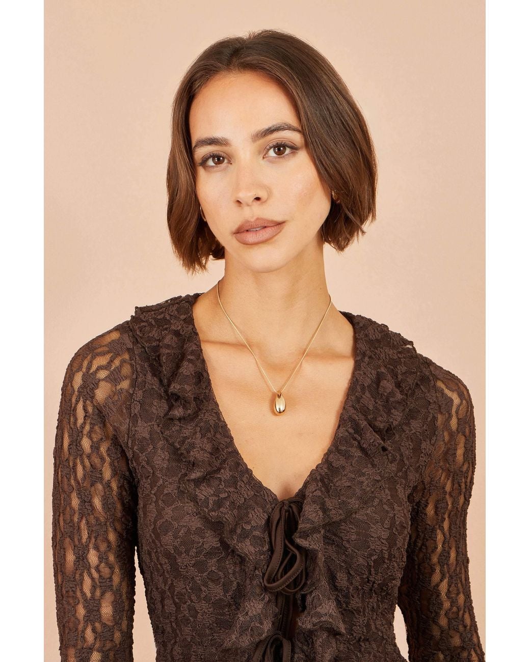 Yumi' Brown Ruffle Lace Top