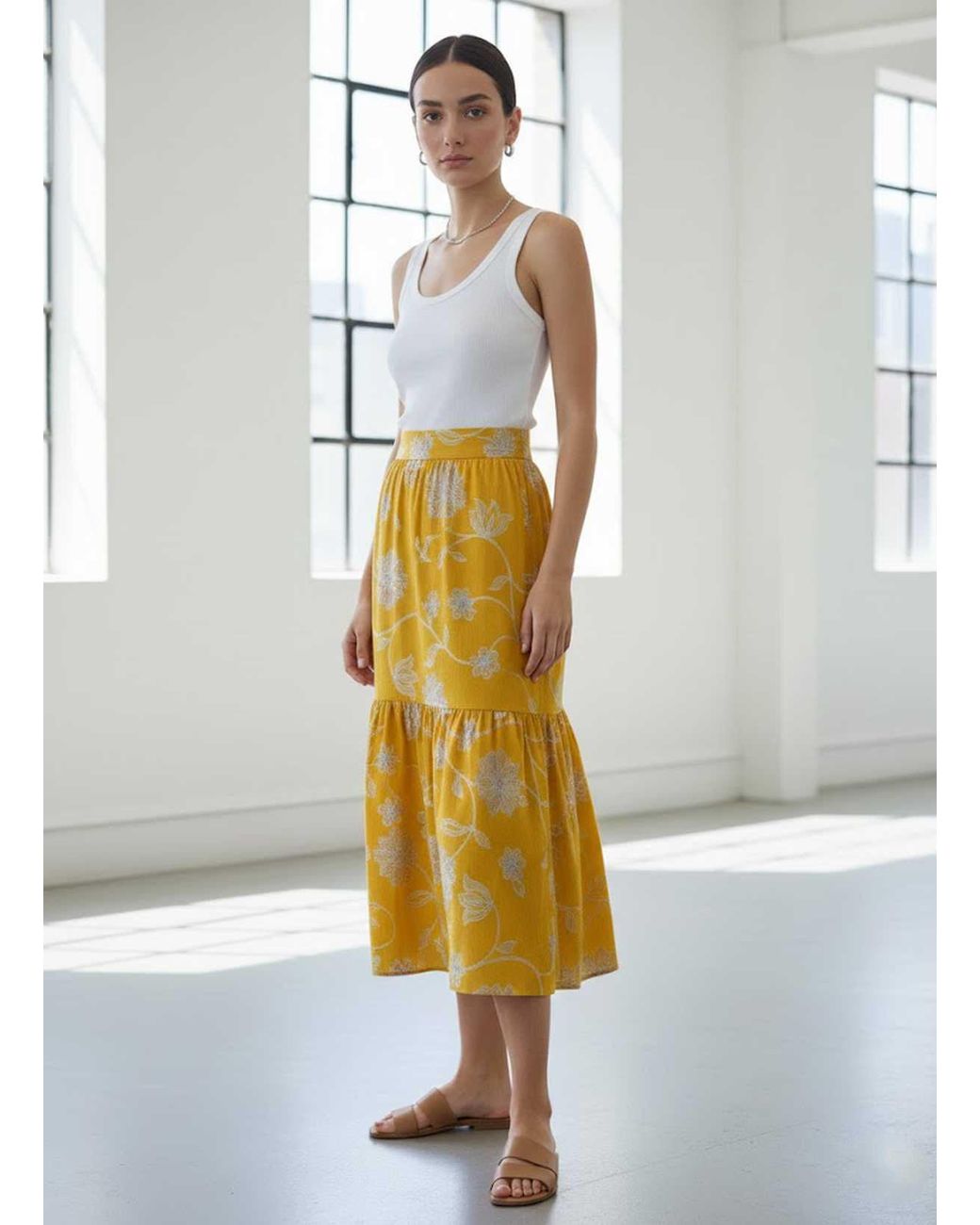 Conquista Yellow Floral Print Tiered Midi Skirt