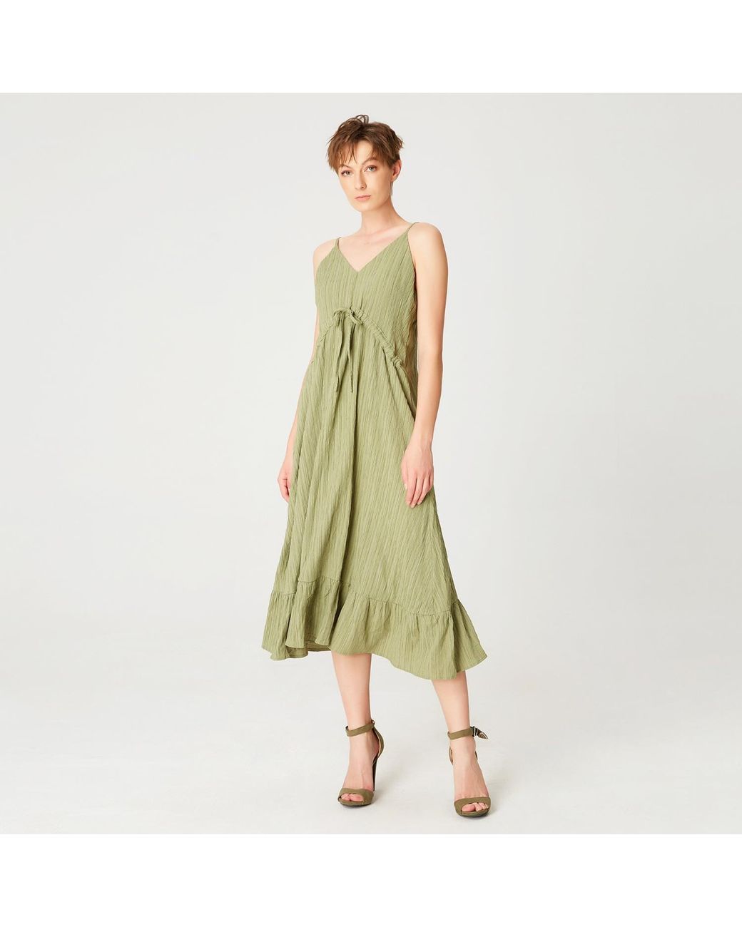 Smart and Joy Green Trapeze Midi Dress With Drawstring And Thin Shoulder Straps
