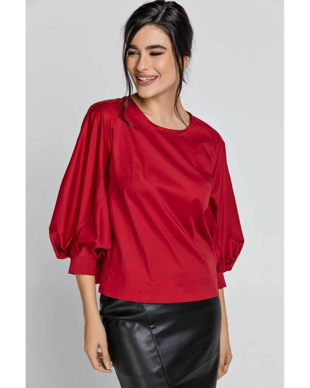 Conquista Red Burgundy Top With Bishop Sleeves