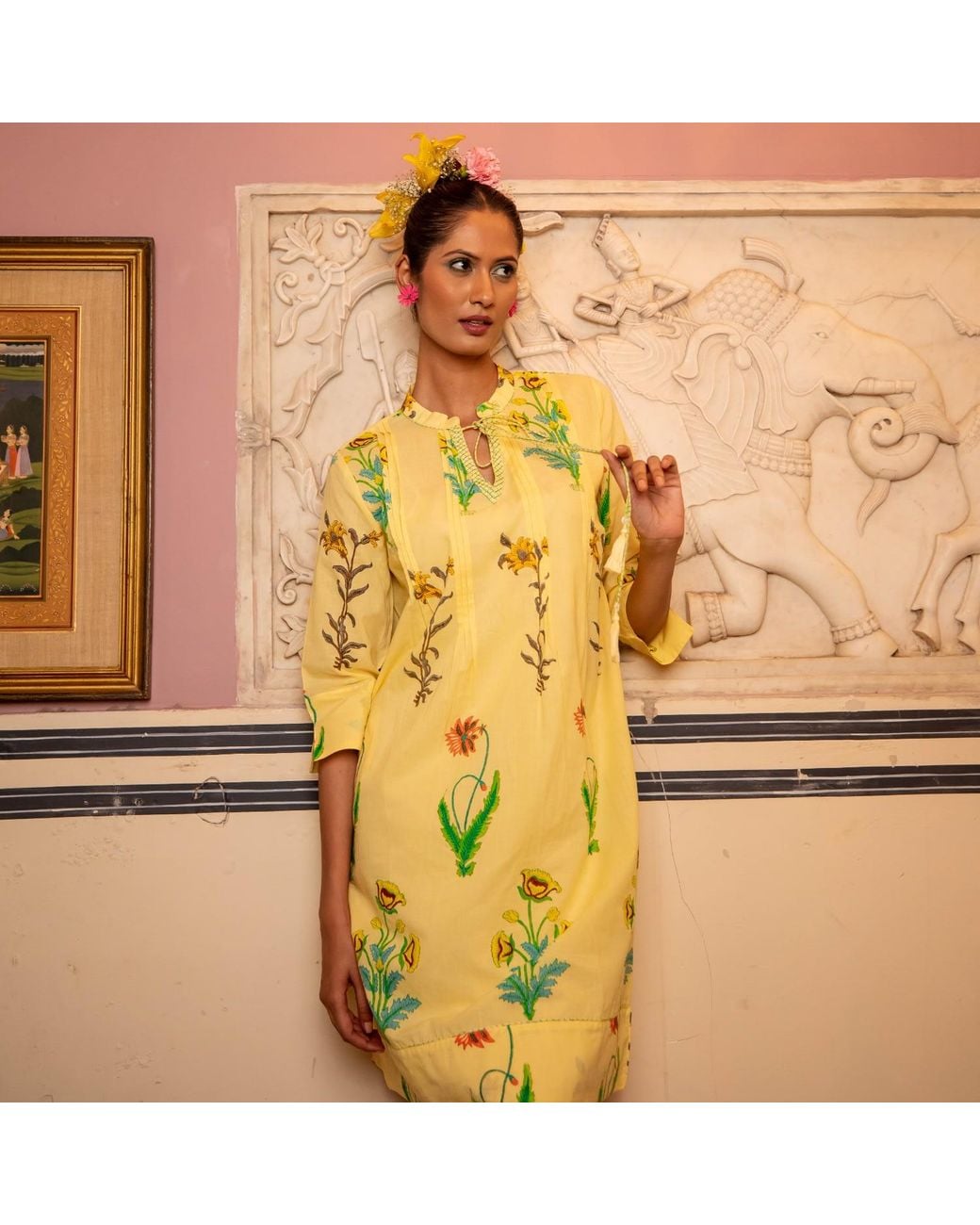 NoLoGo-chic Green Botanical Tassel Kurta Cotton Lemon Popcorn