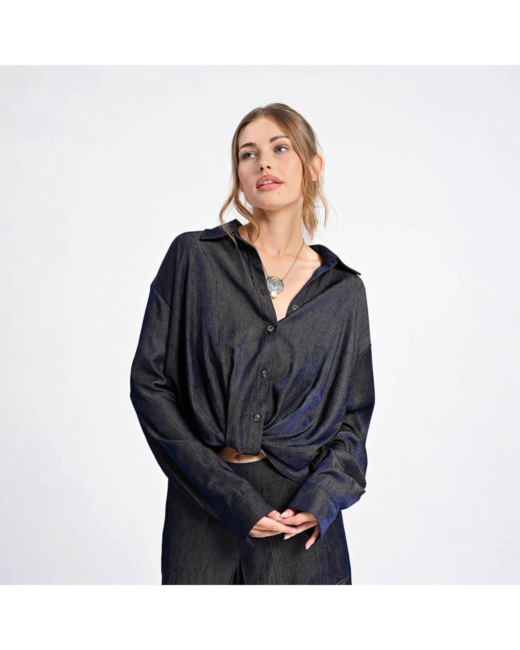 Lalipop Design Blue Relaxed Shirt With Draped Front Hem