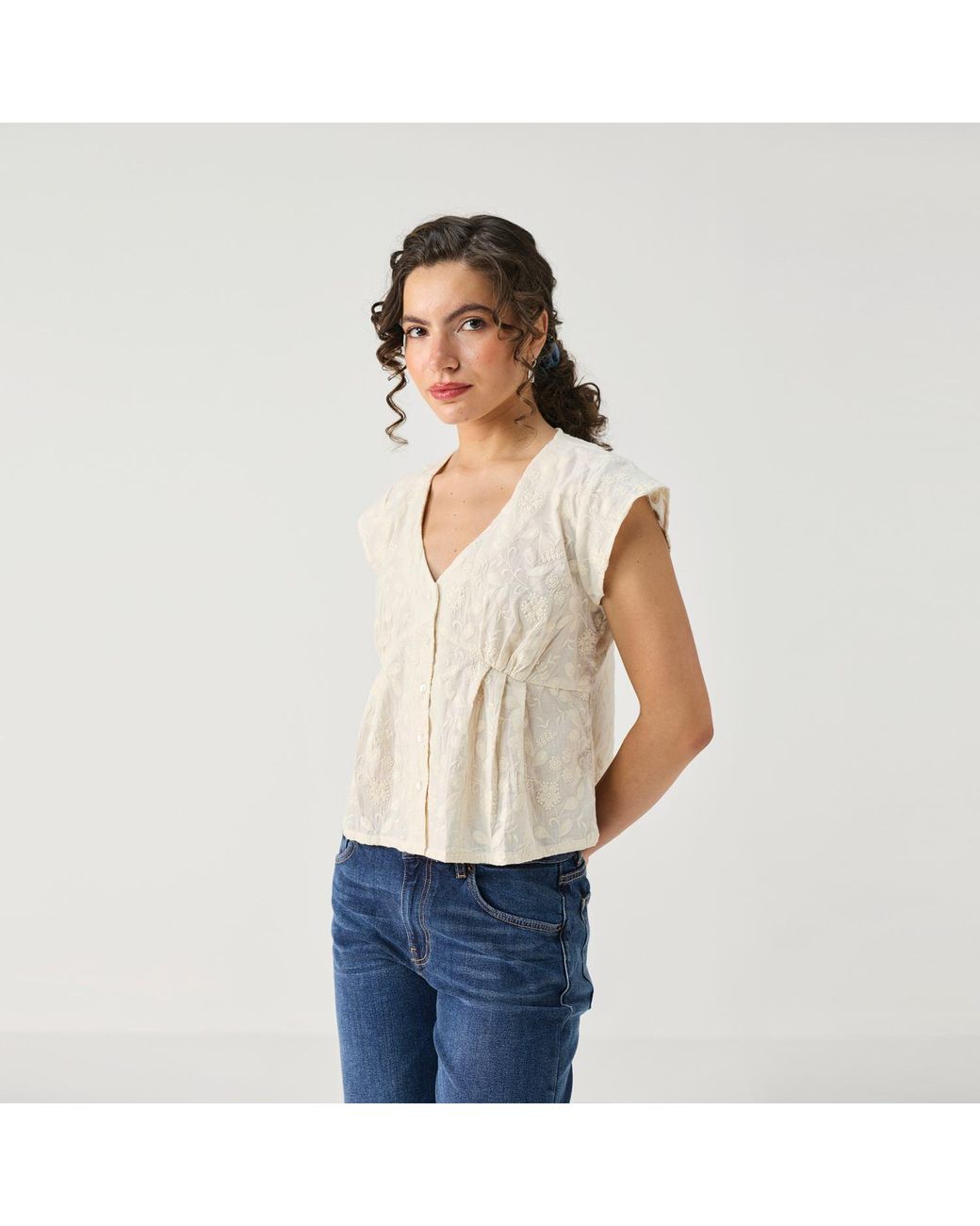 REISTOR Natural Embroidered Deep V Neck Top